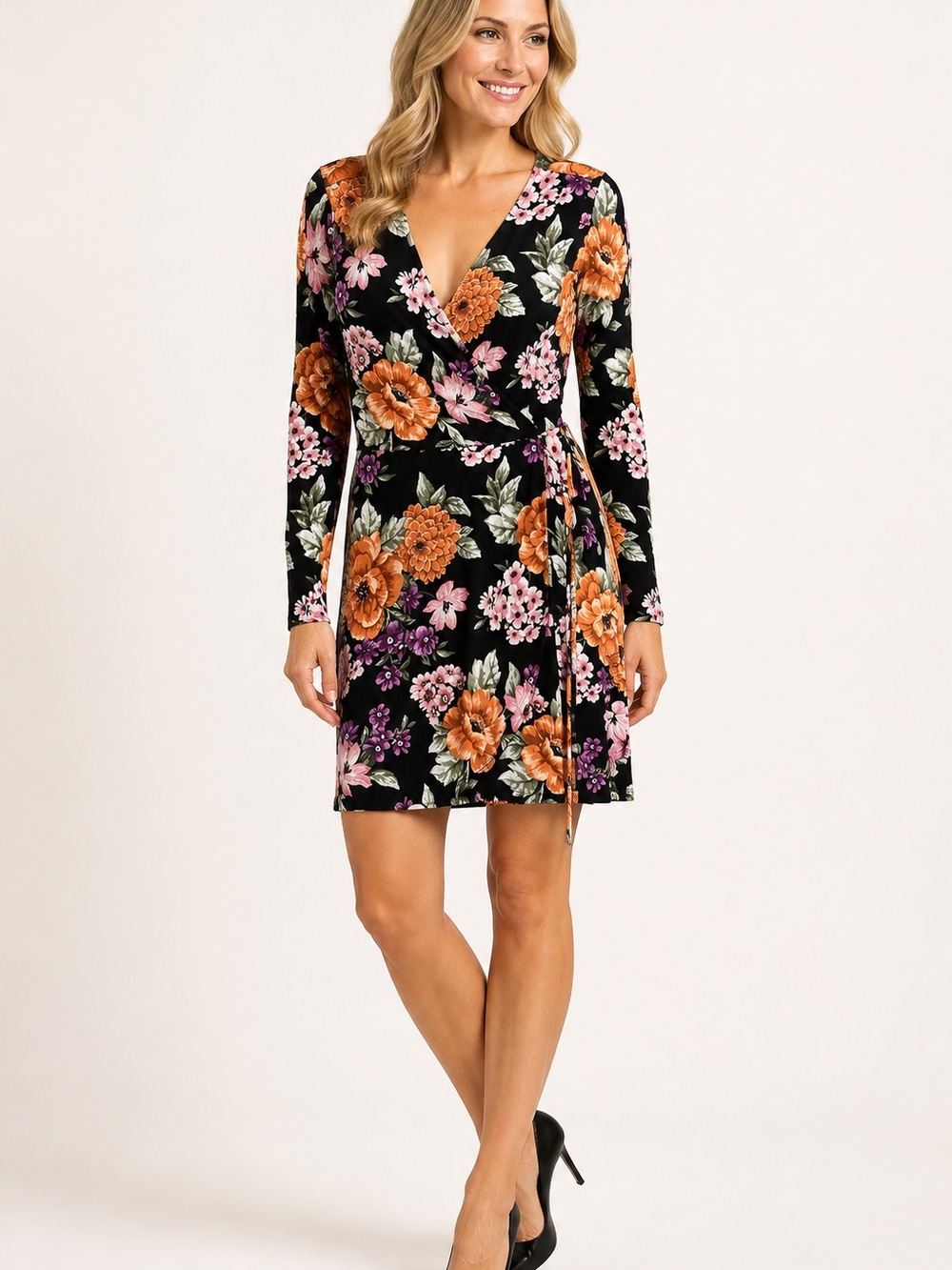 Forever 21 Black Floral Wrap Dress with Orange and Pink Flowers
